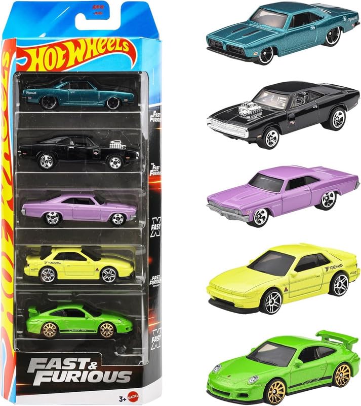 Hot Wheels 2025 Fast & Furious Pack of 5 (70 Dodge Charger RT, 1966 Chevrolet Impala, Porsche 911 Gt3 RS, 68 Plymouth Barracuda Formula S, Nissan...