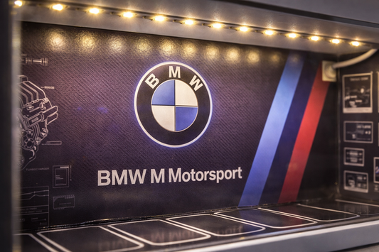 BMW M Motorsport Miniature Garage Display with LED Lights | Die-Cast Car Showcase