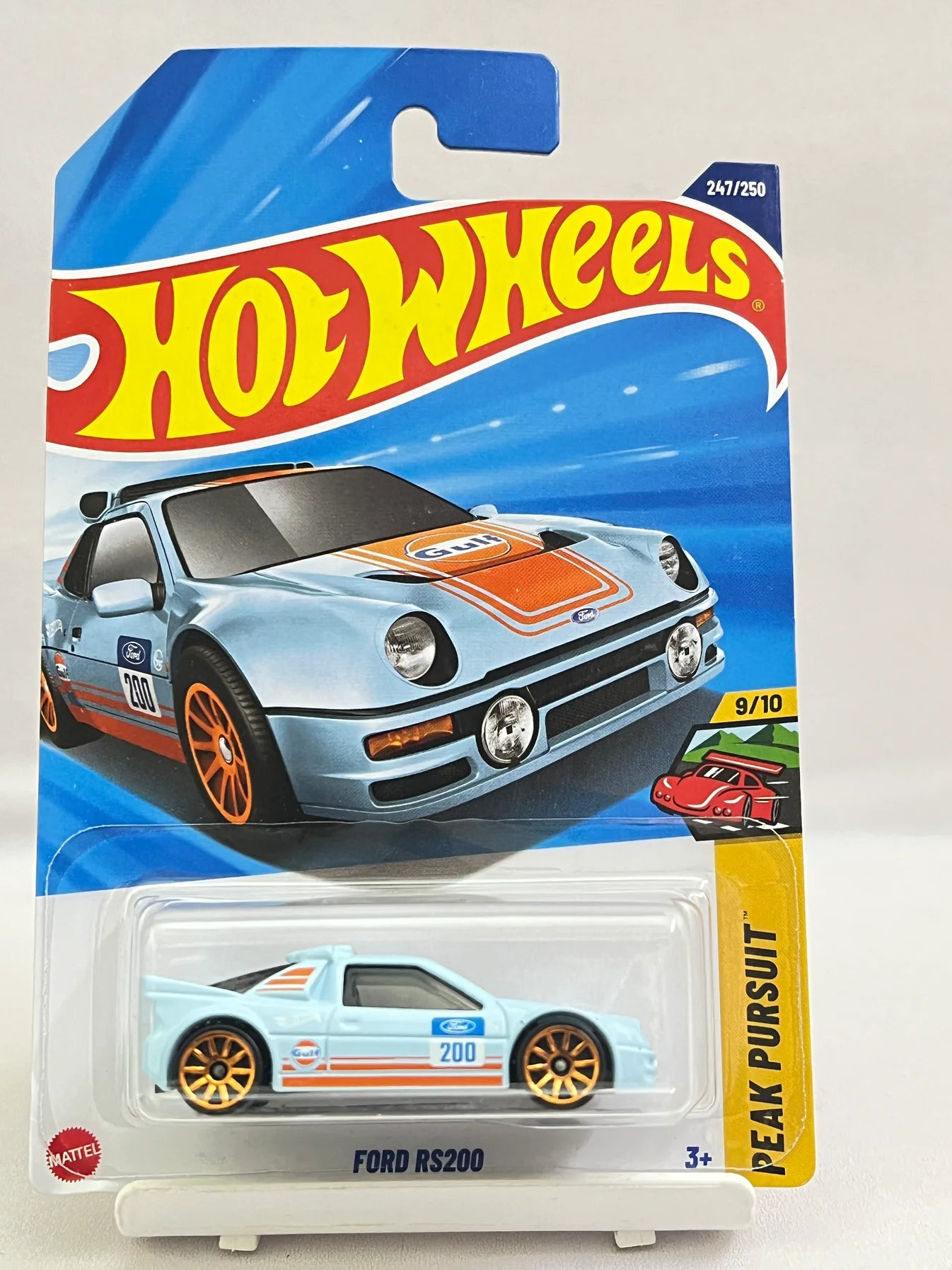 Hot Wheels 2025 Ford RS200 #247 – Gulf Blue | 1:64 Diecast Rally Car