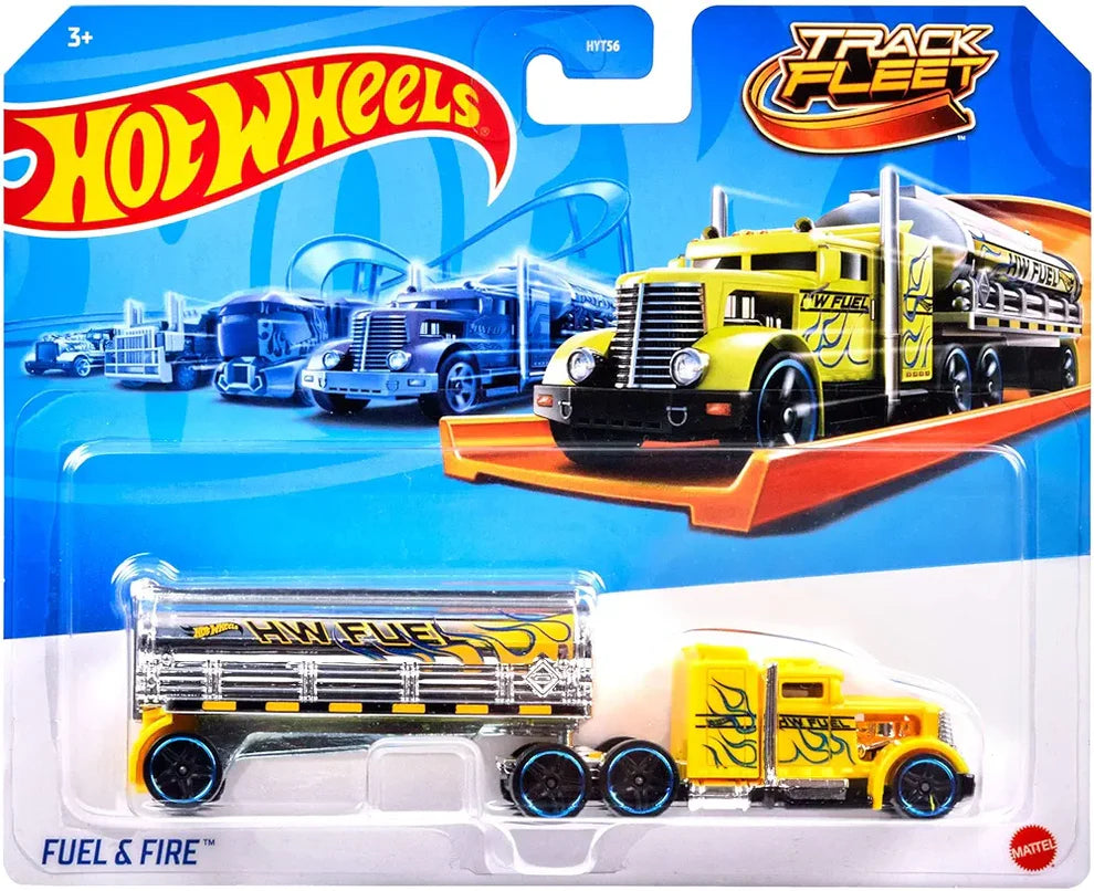 Hot Wheels Track Fleet fule and fire, 1:64 Scale Die-Cast Toy Vehicle, Combined Cab & Trailer That Works on Tracks