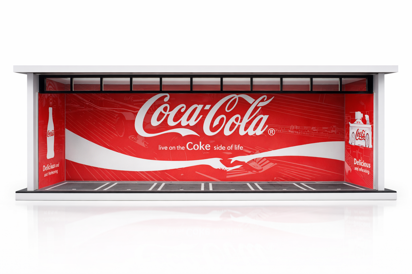 Classic Cola Racing Garage Diorama Display – Premium 1:64 Scale Diecast Car Showcase