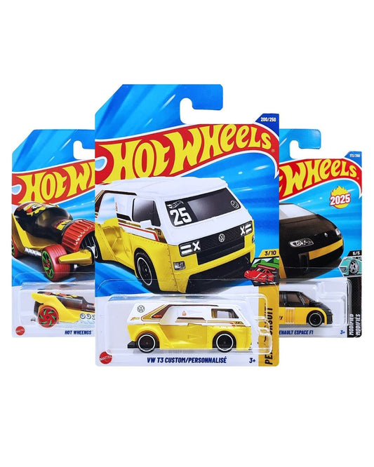 Hot Wheels Pack of 3 – Peak Pursuit, VW T3 Custom (White/Yellow), Renault Espace F1 (Black/Yellow), and Hot WheeNGS (Yellow) | Exclusive Die-Cast Bundle