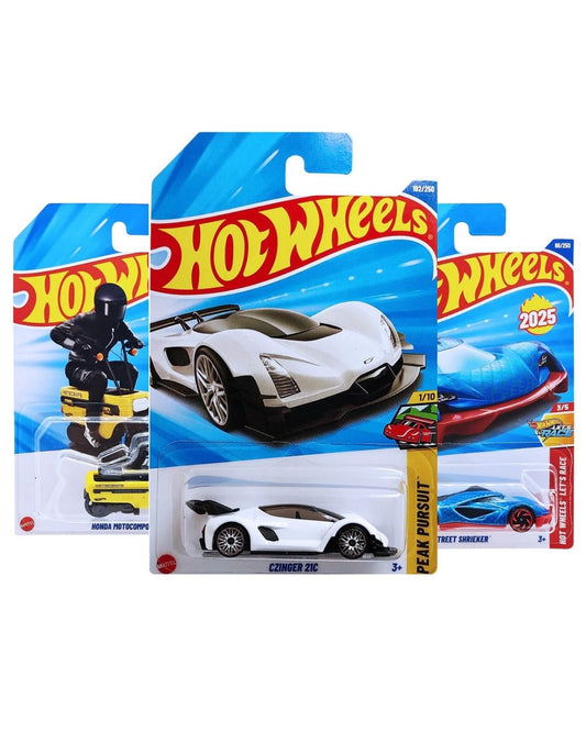Hot Wheels Pack of 3 – Czinger 21C, Street Shrieker (Blue), and Honda Compo (Yellow) | Premium Die-Cast Car Set
