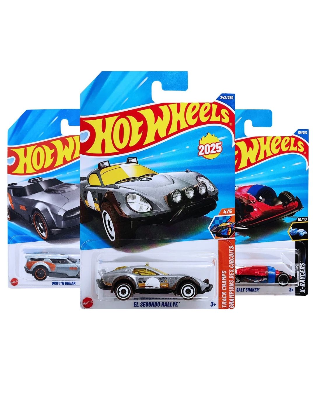 Hot Wheels Pack of 3 – Salt Shaker (Navy/Red), Drift N’ Break (Grey), and El Segundo Rallye (Grey) | Premium Die-Cast Car Set
