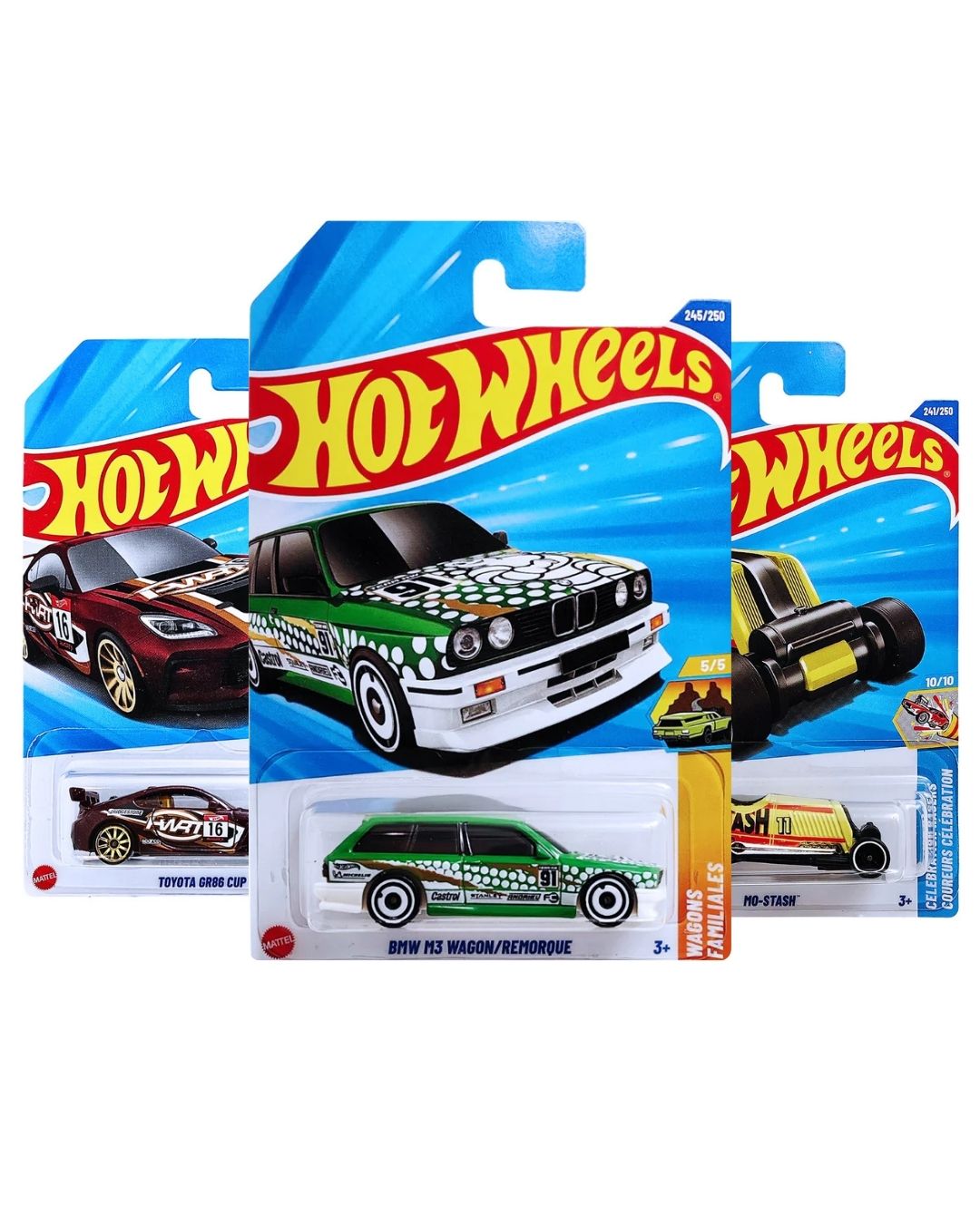 Hot Wheels Pack of 3 – BMW M3 Wagon (Green), Toyota GR86 Cup (Maroon), and Mo’Stash (Yellow) | Premium Die-Cast Car Set