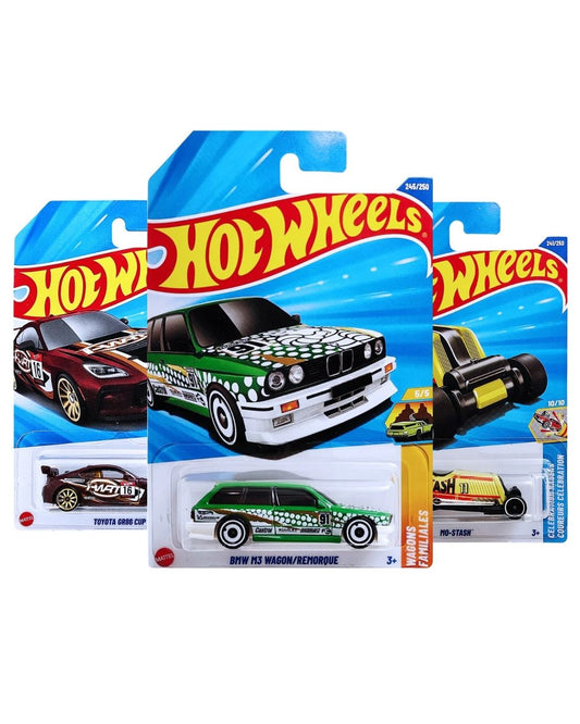 Hot Wheels Pack of 3 – BMW M3 Wagon (Green), Toyota GR86 Cup (Maroon), and Mo’Stash (Yellow) | Premium Die-Cast Car Set