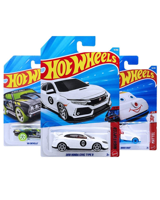 Hot Wheels Die-Cast 3 Car Bundle | Honda Civic Type R 2018, 1969 Chevy Chevelle & Quick Chat