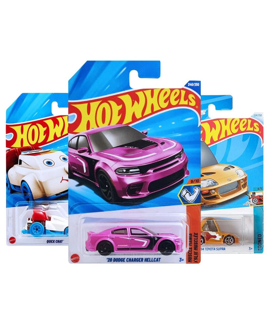 Hot Wheels Pack of 3 – Dodge Charger Hellcat (Pink), Toyota Supra (Brown), and Quick Chat (White) | Premium Die-Cast Car Bundle