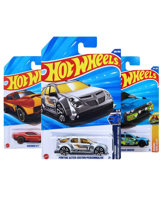 Hot Wheels Pack of 3 – Pontiac Aztek Custom (Silver), Track DWagon (Blue/Green), and Ravenger ST (Dark Orange) | Premium Die-Cast Car Bundle