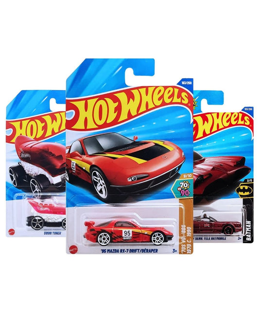 Hot Wheels Pack of 3 – Mazda RX-7 Drift (Red), Batman TV Series Batmobile (Red), and Sushi Tuner (Pink) | Premium Die-Cast Car Bundle