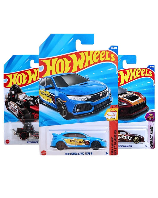 Hot Wheels Pack of 3 – Honda Civic Type R (Blue), Toyota GR86 Cup (Maroon), and Speed Driver (Black) | Premium Die-Cast Car Set