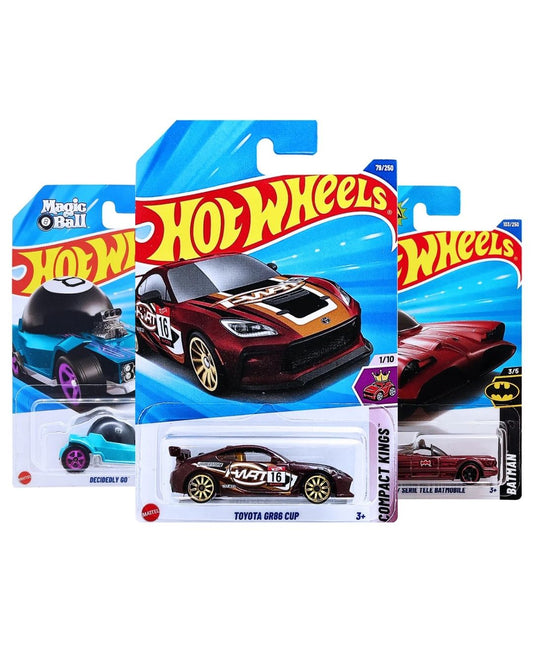 Hot Wheels Pack of 3 – Toyota GR86 Cup (Maroon), Batman TV Series Batmobile (Red), and Decidedly Go (Turquoise) | Premium Die-Cast Car Set