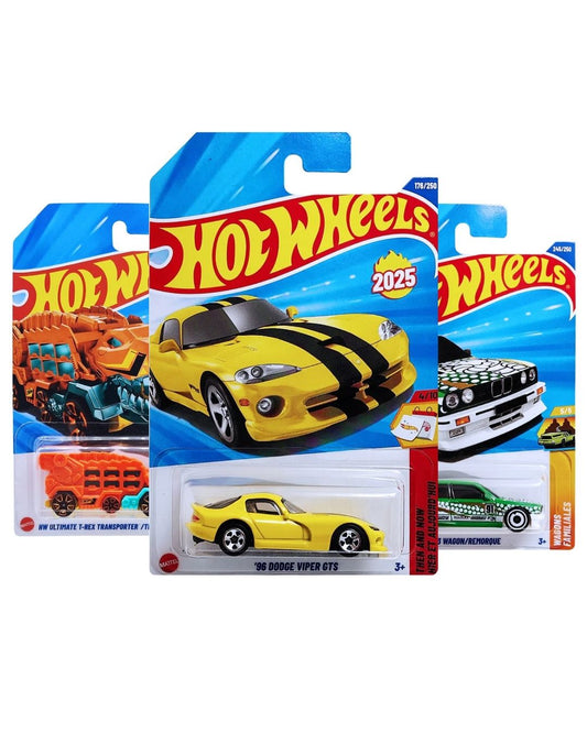 Hot Wheels Pack of 3 – Dodge Viper GTS ’96 (Yellow), BMW M3 Wagon (Green), and T-Rex Transporter (Orange) | Premium Die-Cast Car Set