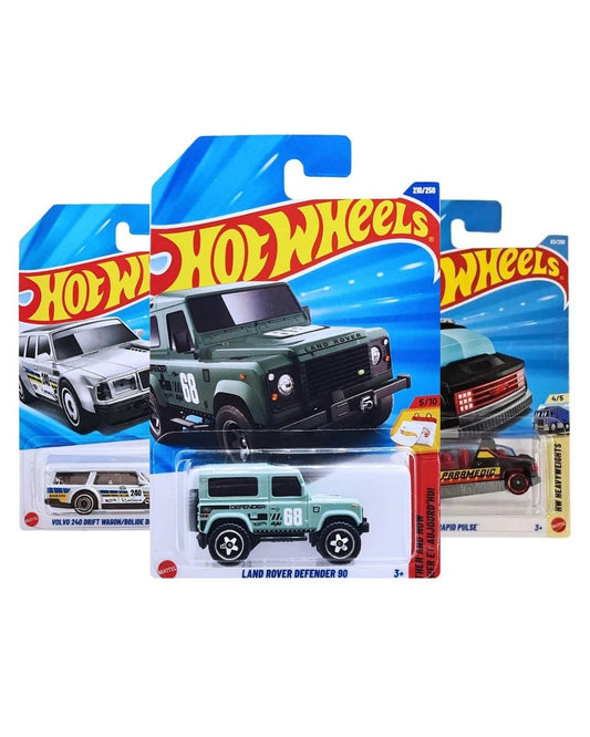 Hot Wheels 3 Pack Diecast Cars | Defender 90 · Volvo 240 Drift Wagon · Rapid Pulse