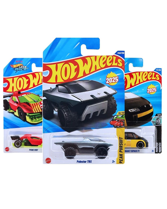 Hot Wheels Pack of 3 – Peak Pursuit Polestar TRX (Grey), Renault Espace F1 (Black/Yellow), and Punk Rod (Red/Green) | Premium Die-Cast Car Bundle