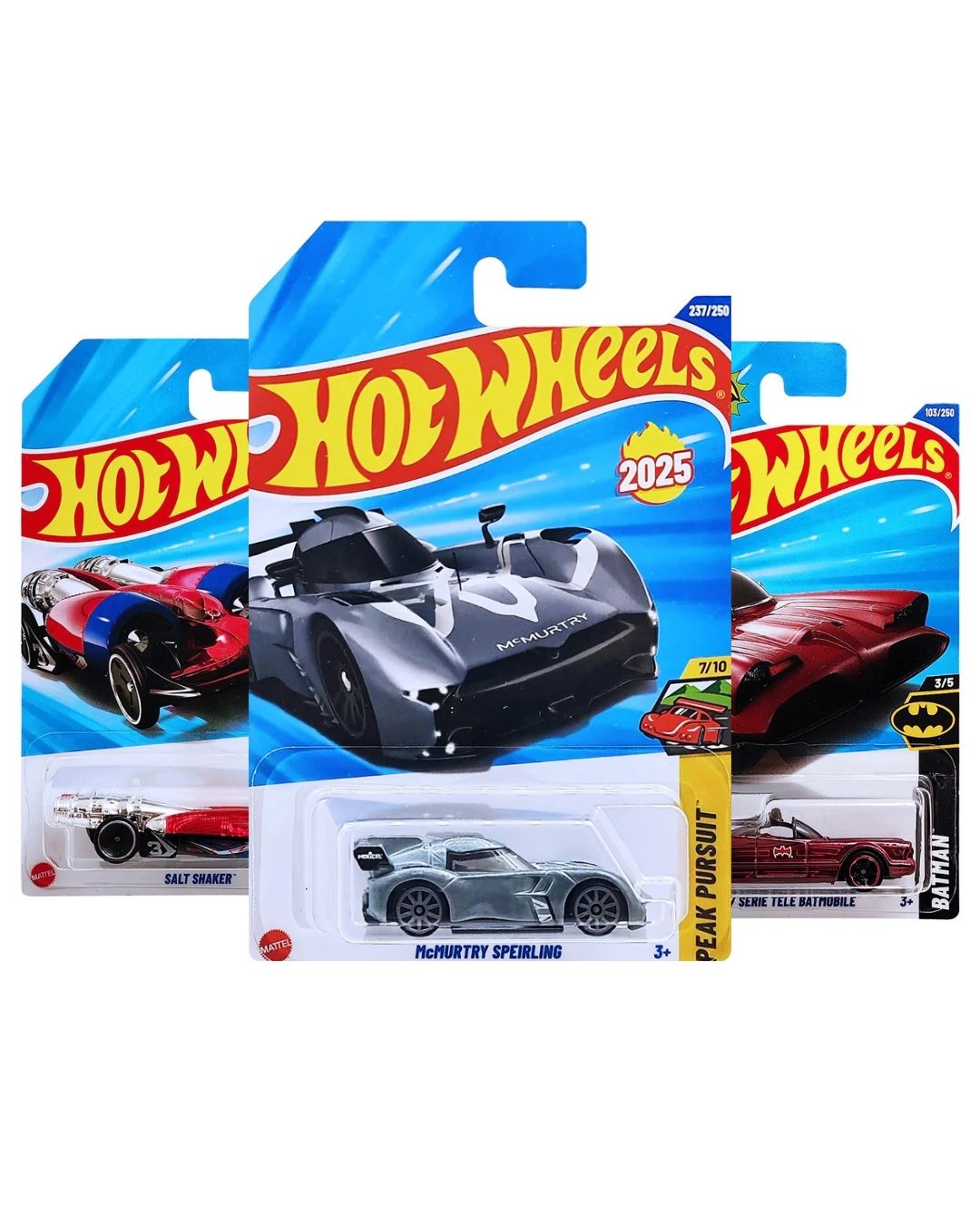 Hot Wheels Pack of 3 – McMurtry Spéirling (Grey), Batman TV Series Batmobile (Red), and Salt Shaker (Navy/Red) | Premium Die-Cast Car Bundle