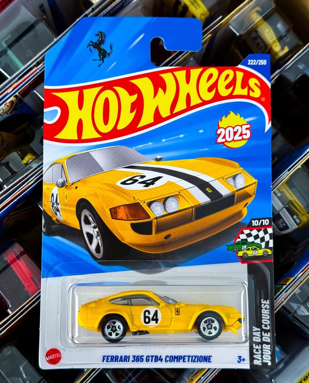 Ferrari 365 GTB4 Competizione #222 Yellow – 2025 Hot Wheels HW Race Day Case Q | Collectible 1:64 Scale Car