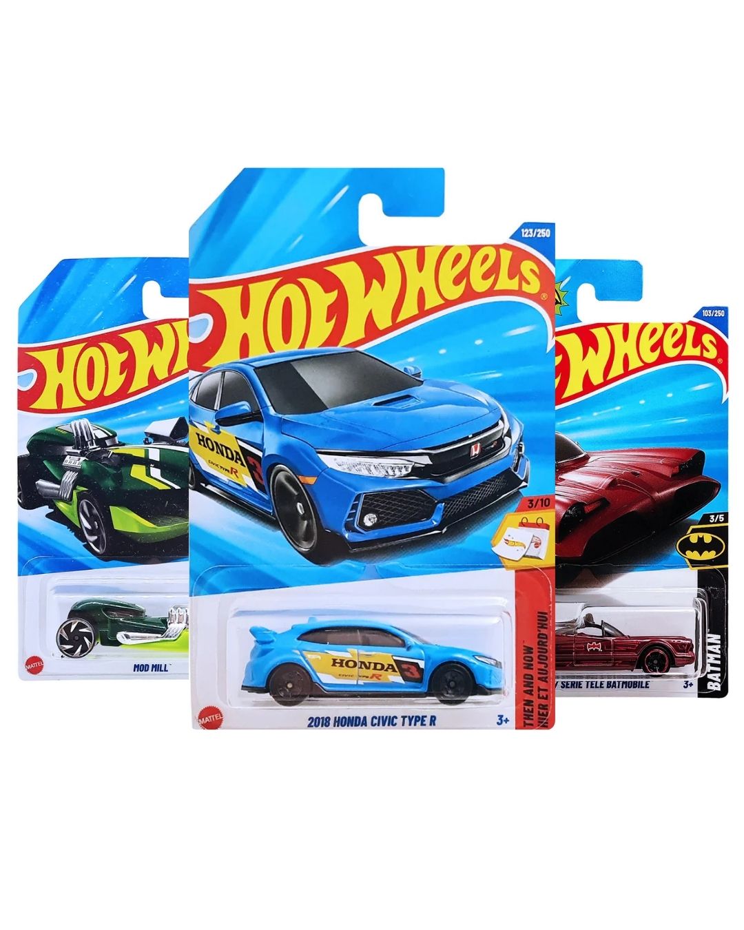Hot Wheels Pack of 3 – Honda Civic Type R (Blue), Batman TV Series Batmobile (Red), and Mod Mill (Dark Green) | Premium Die-Cast Car Set