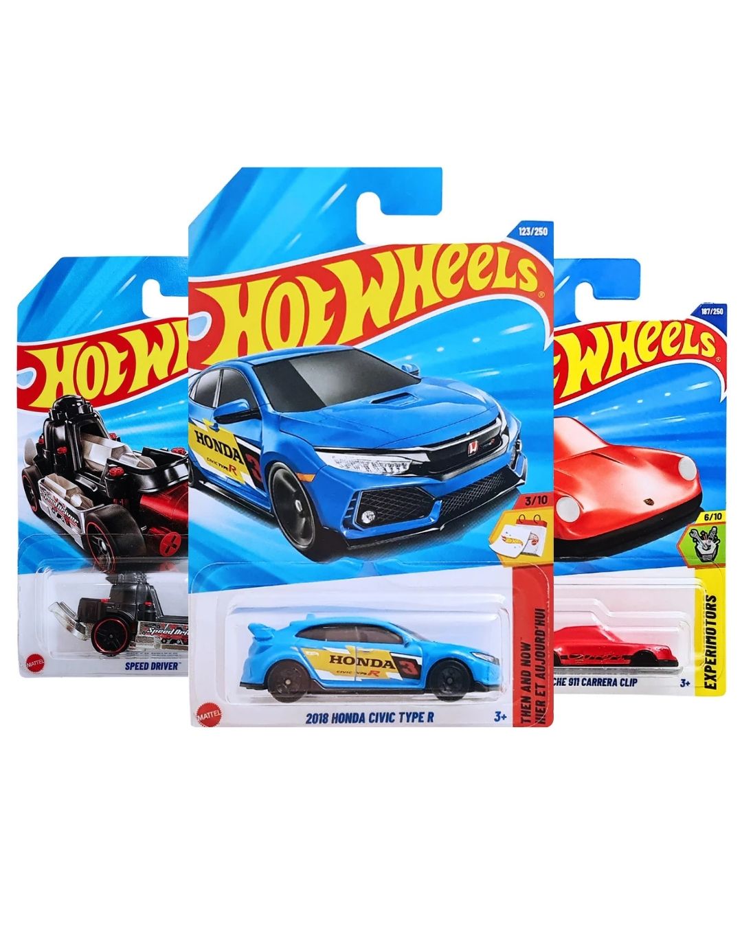 Hot Wheels Pack of 3 – Honda Civic Type R (Blue), Porsche 911 Carrera (Red), and Speed Driver (Black) | Premium Die-Cast Car Set