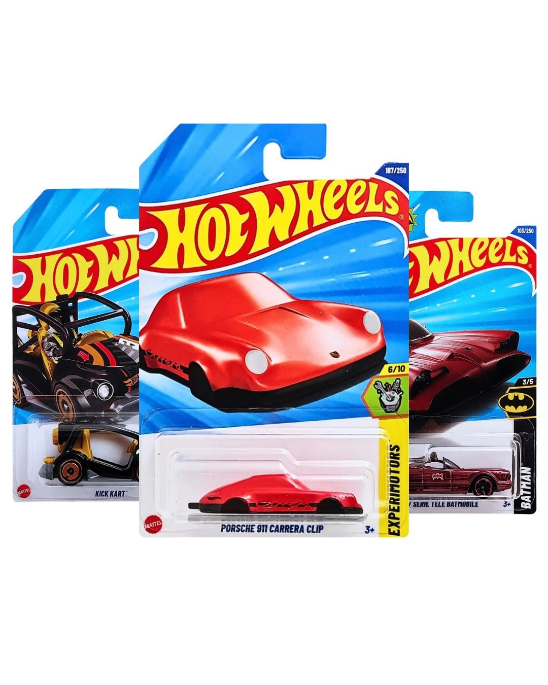 Hot Wheels Pack of 3 – Porsche 911 Carrera (Red), Batman TV Series Batmobile (Red), and Kick Kart (Black) | Premium Die-Cast Car Set