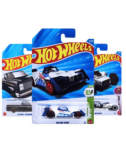 Hot Wheels 3 Pack Diecast Cars | Voltage Spike · ’83 Chevy Silverado · Hoto Roto