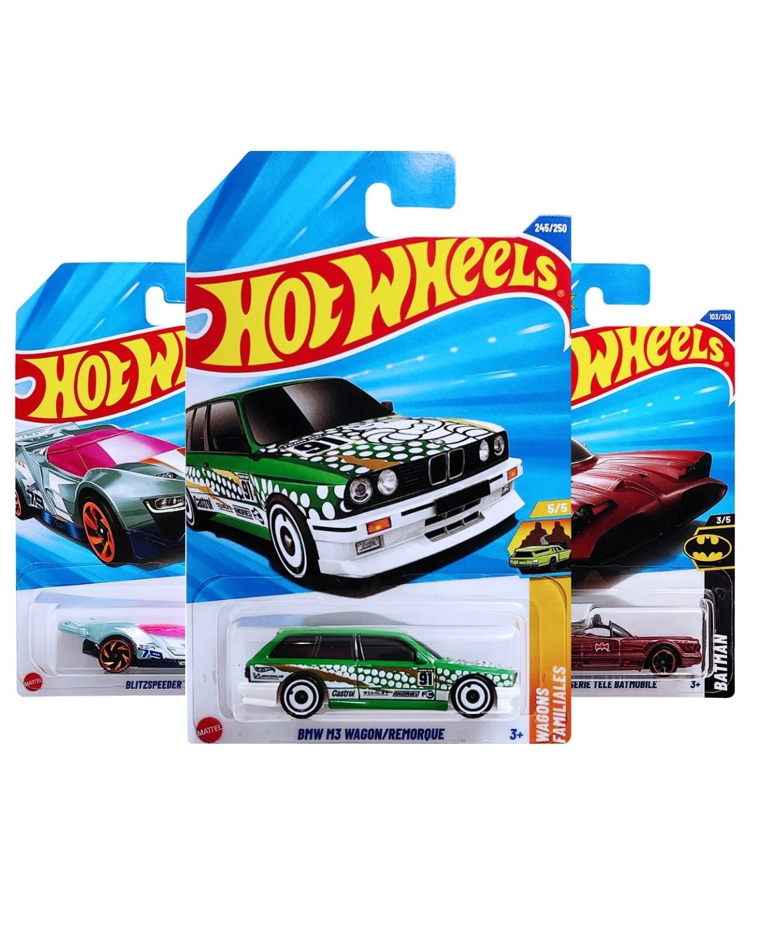 Hot Wheels Pack of 3 – BMW M3 Wagon (Green), Batman TV Series Batmobile (Red), and Clitzspeeder (Steel Blue) | Premium Die-Cast Car Set