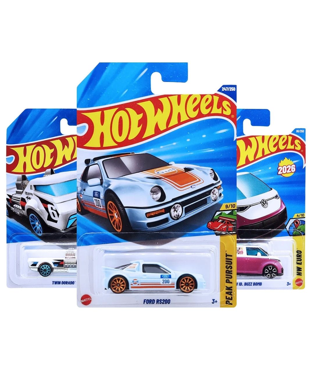 Hot Wheels 3 Pack Diecast Cars | Ford RS200 · VW ID. Buzz · Twin Dorado