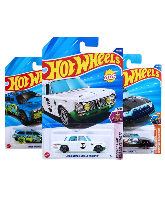 Hot Wheels Pack of 3 – Alfa Romeo Giulia TI Super (White), Terra Tracktyl (Grey), and Track DWagon (Blue/Green) | Premium Die-Cast Car Set