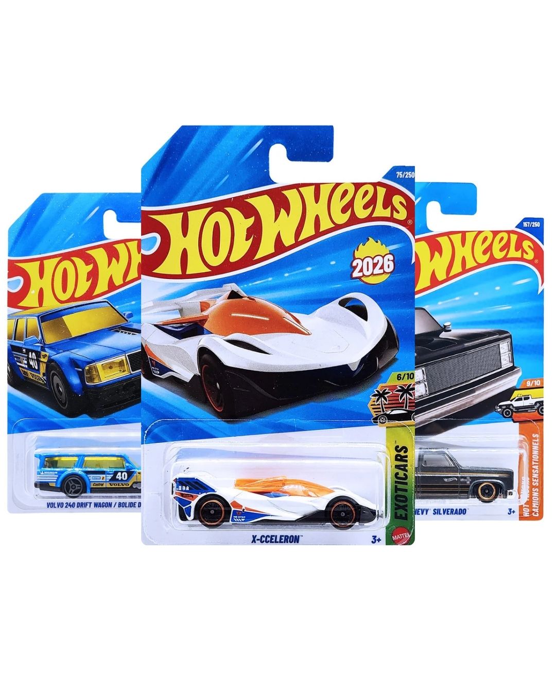 Hot Wheels 3 Pack Diecast Cars | ’83 Chevy Silverado · X-Celeron · Volvo 240 Drift Wagon