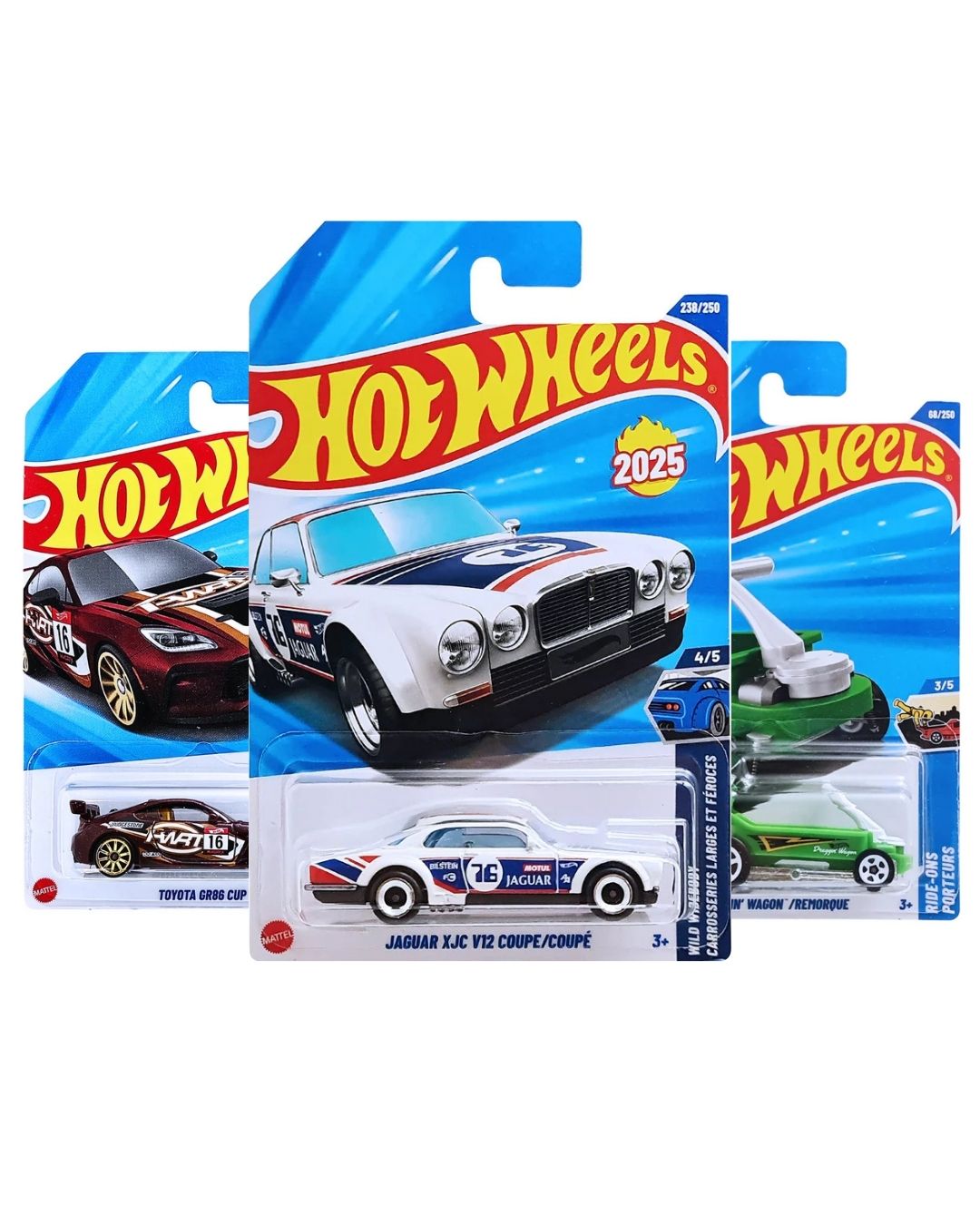 Hot Wheels Pack of 3 – Jaguar XJC V12 Coupe (White), Draggin’ Wagon (Green), and Toyota GR86 Cup (Maroon) | Premium Die-Cast Car Bundle