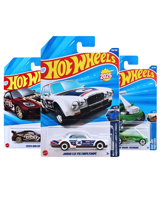 Hot Wheels Pack of 3 – Jaguar XJC V12 Coupe (White), Draggin’ Wagon (Green), and Toyota GR86 Cup (Maroon) | Premium Die-Cast Car Bundle