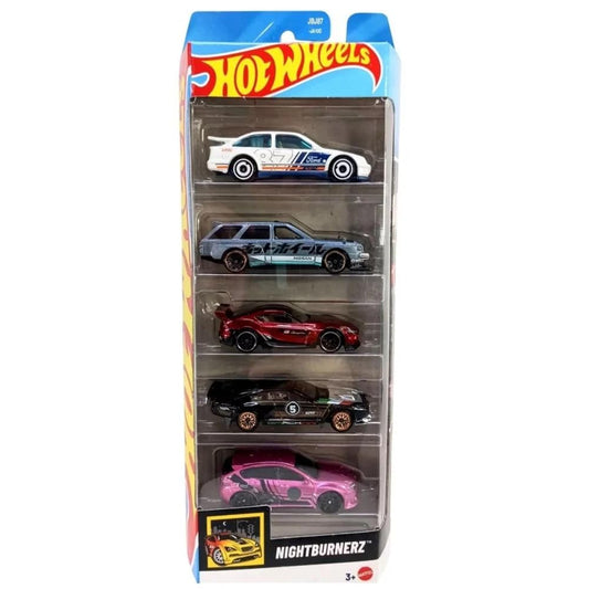 Hot Wheels 2025 Nightburnerz Pack of 5 – 1:64 Scale Diecast Cars (87 Ford Sierra Cosworth, Nissan Maxima Drift Car, Toyota GR Supra, Dimachinni, Subaru WRX STi)