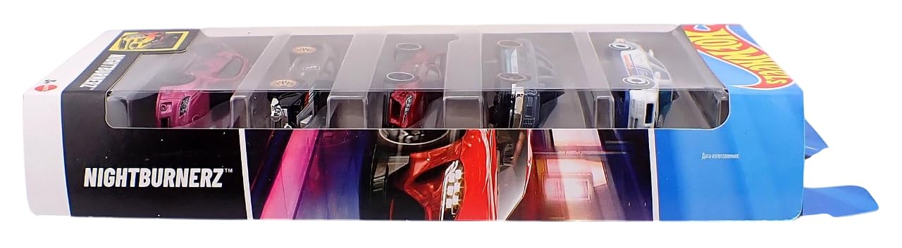 Hot Wheels 2025 Nightburnerz Pack of 5 – 1:64 Scale Diecast Cars (87 Ford Sierra Cosworth, Nissan Maxima Drift Car, Toyota GR Supra, Dimachinni, Subaru WRX STi)
