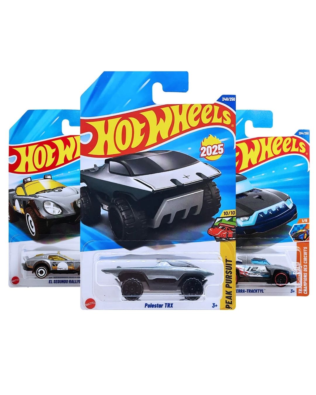 Hot Wheels Pack of 3 – Peak Pursuit Polestar TRX (Grey), El Segundo Rallye (Grey), and Terra Tracktyl | Premium Die-Cast Car Set