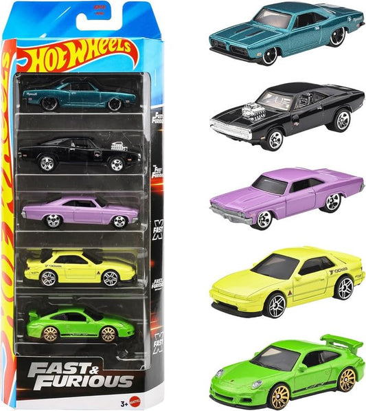 Hot Wheels 2025 Fast & Furious Pack of 5 (70 Dodge Charger RT, 1966 Chevrolet Impala, Porsche 911 Gt3 RS, 68 Plymouth Barracuda Formula S, Nissan...