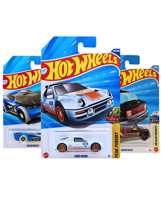 Hot Wheels 3 Pack Diecast Cars | Ford RS200 · Rapid Pulse · Solar Reflex