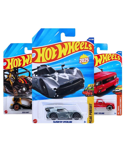 Hot Wheels Pack of 3 – McMurtry Spéirling (Grey), GMC Syclone ’91 (Red), and Kick Kart (Black) | Premium Die-Cast Car Bundle