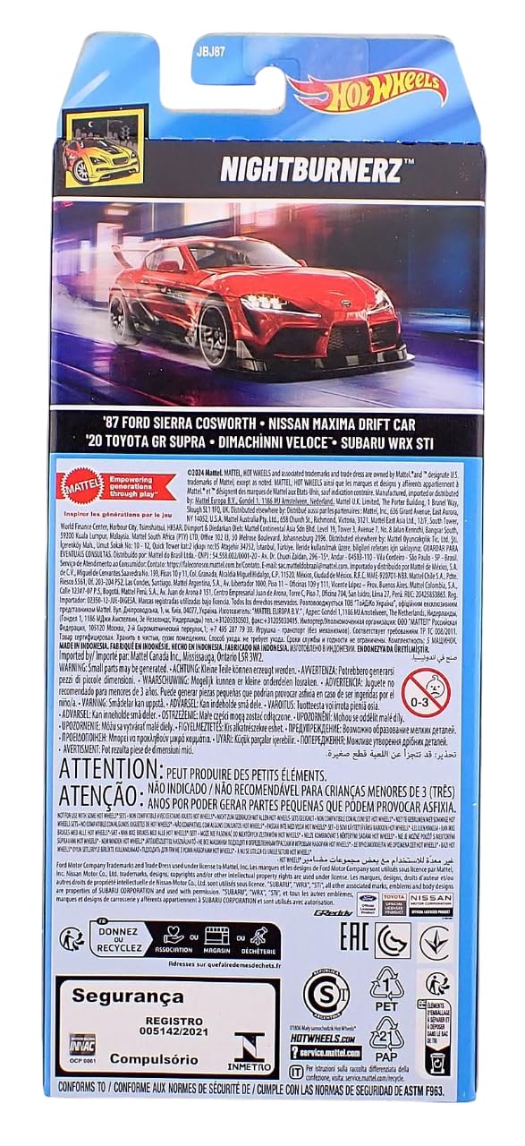 Hot Wheels 2025 Nightburnerz Pack of 5 – 1:64 Scale Diecast Cars (87 Ford Sierra Cosworth, Nissan Maxima Drift Car, Toyota GR Supra, Dimachinni, Subaru WRX STi)