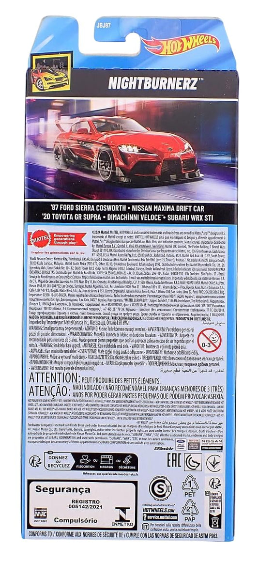 Hot Wheels 2025 Nightburnerz Pack of 5 – 1:64 Scale Diecast Cars (87 Ford Sierra Cosworth, Nissan Maxima Drift Car, Toyota GR Supra, Dimachinni, Subaru WRX STi)