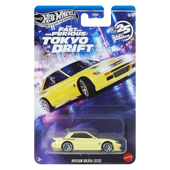 Hot Wheels Toy Car, Fast & Furious Nissan Silvia S13 Custom 1:64 Scale Vehicle with Elevated Deco Execution, Die-Cast Car Seen in The Fast Movies (Styles May Vary)