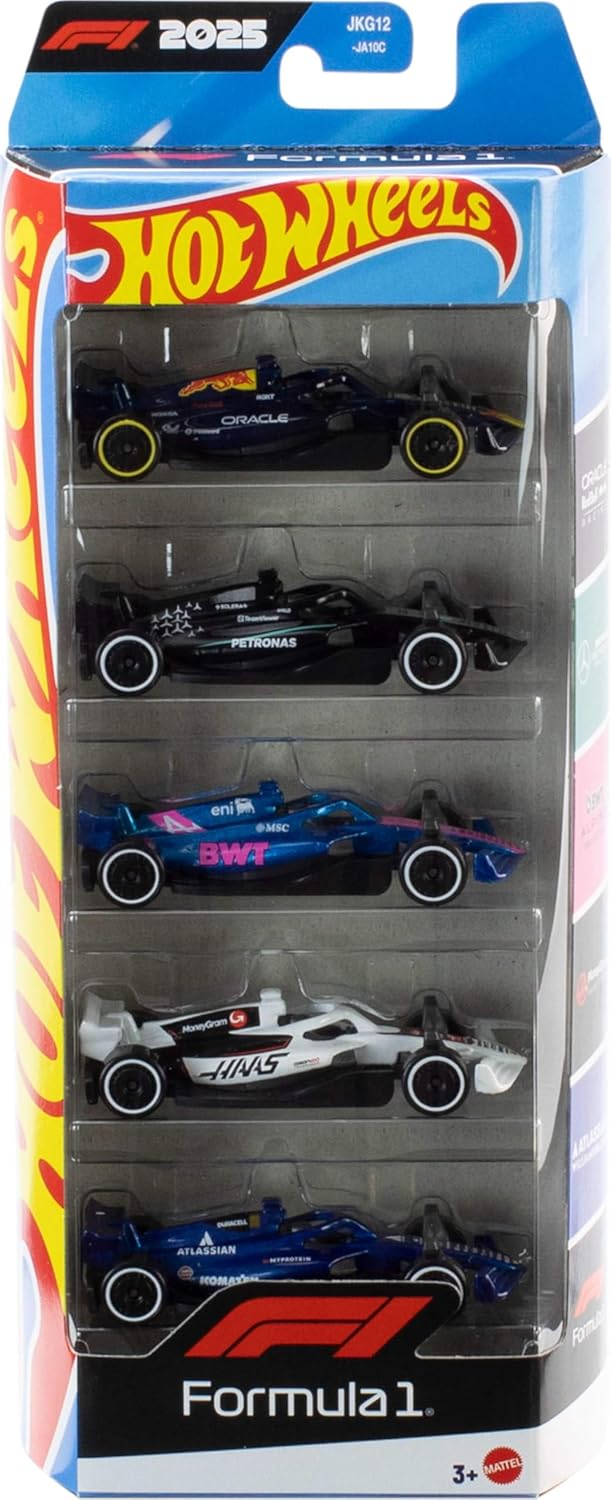 Hot Wheels 1:64 Scale 5-Pack Formula 1 Die-Cast Toy Cars, Set of 5 Officially Licensed, Collectible F1 Race Cars for Play or Display