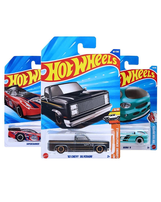 Hot Wheels 3 Pack Diecast Cars | ’83 Chevy Silverado · Supercharged · Deora