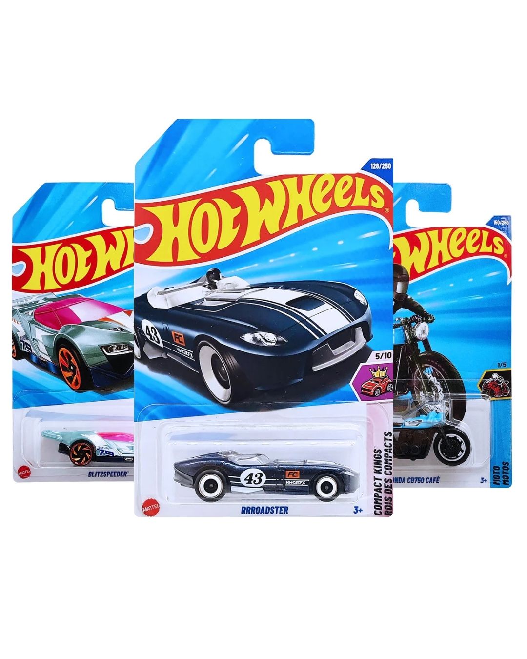 Hot Wheels Pack of 3 – Rroadster (Navy), Honda CB750 Café (Red/Blue), and Clitzspeeder (Steel Blue) | Premium Die-Cast Car Set