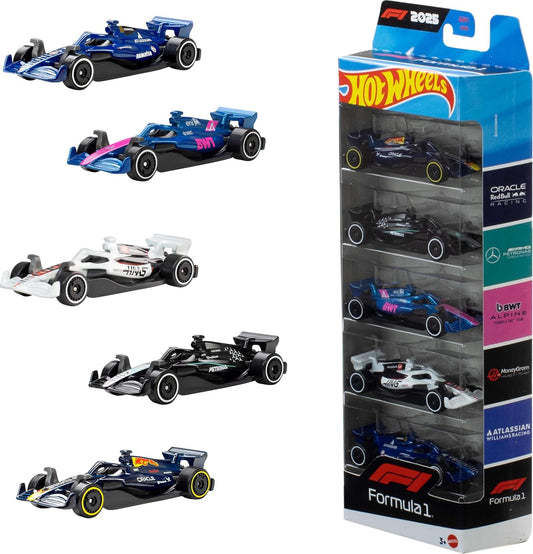 Hot Wheels 1:64 Scale 5-Pack Formula 1 Die-Cast Toy Cars, Set of 5 Officially Licensed, Collectible F1 Race Cars for Play or Display