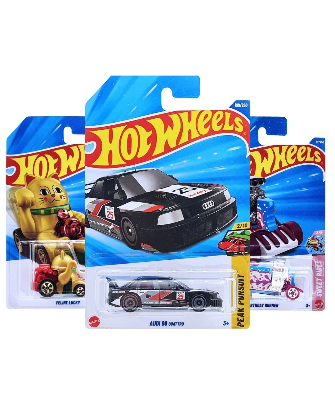 Hot Wheels 3 Pack Diecast Cars | Audi 90 quattro · Feline Lucky · Birthday Burner