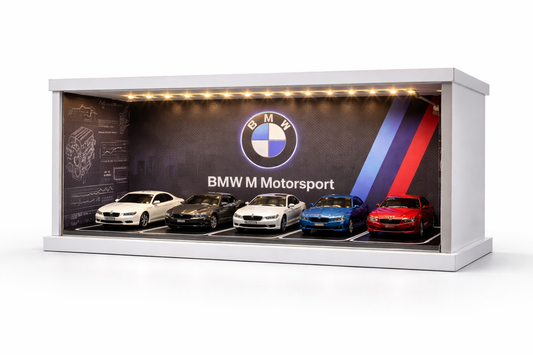 BMW M Motorsport Miniature Garage Display with LED Lights | Die-Cast Car Showcase