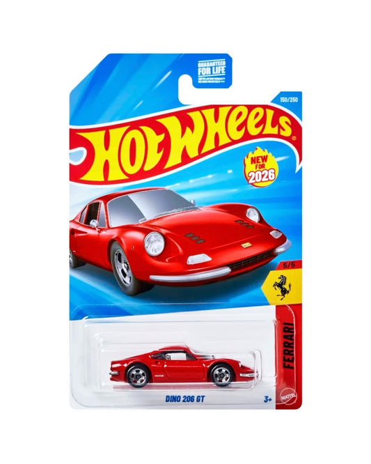 2026 HOT WHEELS #150 - Ferrari Dino 206 GT (Red #5 Ferrari - Long Card) A80