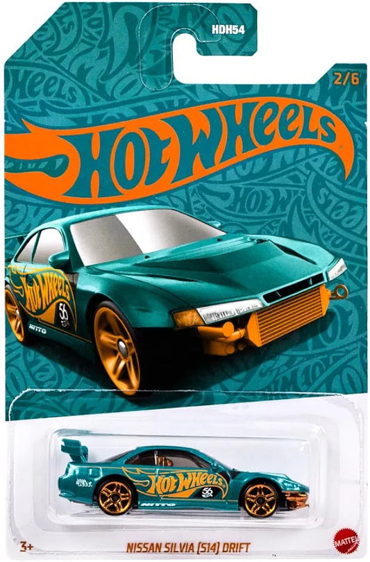 Hot Wheels 1:64 Scale Die-Cast Vehicle Nissan Silvia (S14) - Drift with Turquoise- and Copper-Colored Decos to Celebrate HW 56th Anniversary