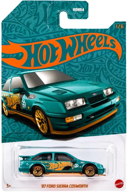 Hot Wheels 1:64 scale die-cast vehicle 87 Ford Sierra Cosworth with turquoise- and copper-colored deco to celebrate HW 56th anniversary