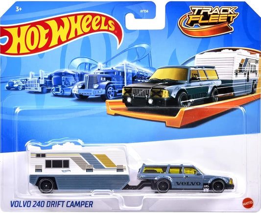 Hot Wheels Track Fleet, 1:64 Volvo 240 Drift Camper Die-Cast Toy Vehicle, Combined Cab and Trailer That Works on Tracks for Ages 3 and Up, Gray